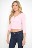 FRAN PINK 3/4 SLEEVE SKINNY RIB ZIP NECK CROP TOP