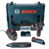 Bosch 10.8V Cordless GSR Drill,  GRO Rotary Tool,  GLI Torch,  Charger,  L-Boxx
