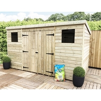12 x 7 Large Pressure Treated Tongue and Groove Pent Shed With 2 Windows And Double Doors (Centre)