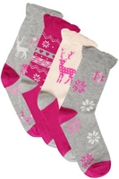 4 PACK Pink,  Grey & Cream Fairisle & Deer Print Socks