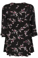 Black & Multi Floral Print Peplum Top With Frill Cuffs