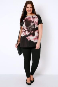 Black & Multi Floral Print Top With Curved Hem