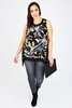 Black & Multi Leaf Print Hanky Hem Longline Top