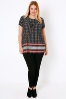 Black & Multi Tile Print Border Smock Top With Short Sleeves