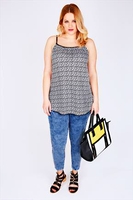 Black & White Floral Print Pom Pom Crochet Trim Swing Vest Top
