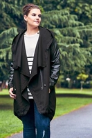 Black Cocoon Shaped Parka Coat With PU Sleeves