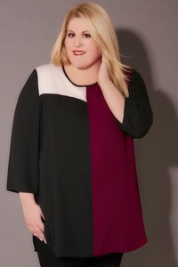 Black,  Cream & Wine Colour Block Longline Top With Side Splits