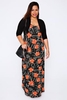 Black,  Orange & Green Floral Print Maxi Dress With Black Shrug