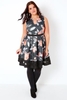 Black,  Peach & Multi Floral Print Skater Dress With Mesh Hem Panel