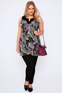Black,  Pink & Green Tropical Leaf Print Longline Top
