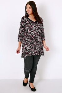 Black,  Pink & Multi Floral Print Jersey Top
