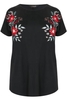 Black T-Shirt With Floral Embroidered Shoulders