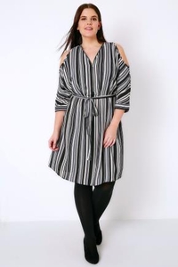 Black,  White & Grey Stripe Cold Shoulder Shirt Dress With Zip Front Detail