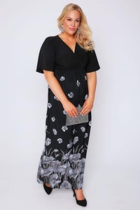 Black,  White & Pale Blue Poppy Print Wrap Front Maxi Dress