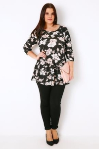 Black,  White & Peach Floral Print Peplum Top