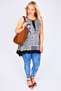 Blue & Cream Printed Trapeze Top With Contrast Hanky Hem