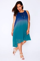 Blue & Turquoise Ombre Chiffon Sleeveless Tunic Dress With Asymmetric Hem