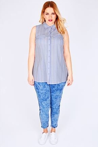 Blue & White Striped Sleeveless Cotton Shirt With Pocket Detail