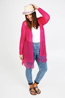 Fuchsia Open Knit Yarn Cardigan With Fringing