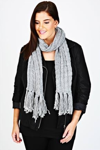 Grey Cable Knit Scarf With Tassels