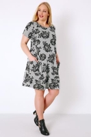 Grey Floral Print Dress With Drop Pockets