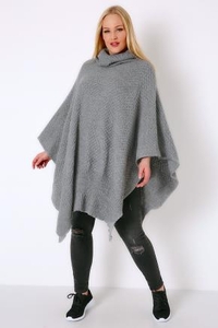 Grey Knitted Cowl Neck Poncho