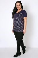Navy & Gold Foil Stripe Top With Dipped Hem