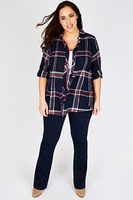 Navy & Red Checked Brushed Cotton Shirt With Pintuck Detail