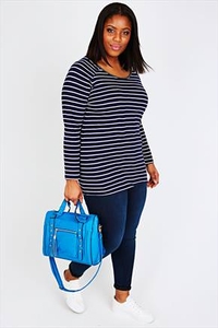 Navy & White Stripped Long Sleeve Top With Embellished Neckline