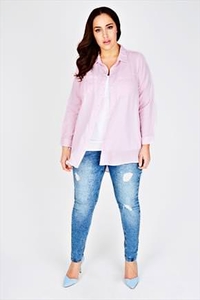 Pink Chambray Cotton Boyfriend Button-Up Shirt With Dip Back