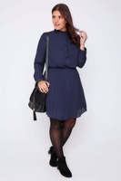 PRASLIN Navy Long Sleeve Button Up Dress With Pleated Skirt