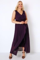 Purple Ruched Chiffon Maxi Wrap Dress With Lace Detail