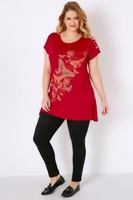 Red Butterfly Print Top With Shredded Shoulder Detail