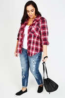 Red,  Cream And Blue Checked Twill Shirt With Jacquard Detail