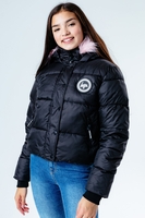 HYPE BLACK PINK HOOD KIDS CROP PUFFER JACKET