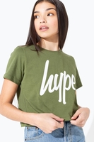 Hype Khaki White Script Kids Crop T-Shirt Size 5/6Y