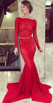 Arrival Prom Dresses Long
Sleeves Sheer Lace Backless
Mermaid High Bateau Neck
Evening Gowns