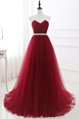Custom Made Fluffy Tulle
A-line Sweetheart Burgundy
Prom Dresses With Beads Belt