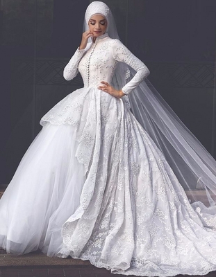 Elegant High Neck Wedding
Dresses Lace Long Sleeve
Muslim Bridal Gowns