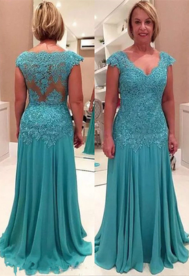 Elegant Lace Appliques Cap
Sleeve A-line Chiffon Mother
Of Bride Dress