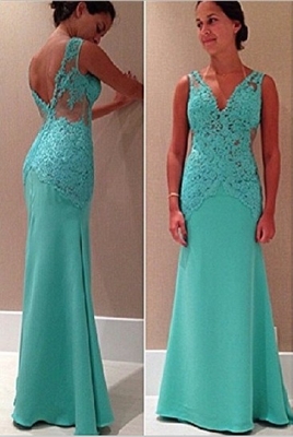 Fashion Prom Dresses Sexy
Sleeveless V Neck Lace
Appliques Mint Green Backless
Long Evening Dresses
