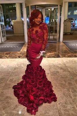 Mermaid Burgundy Flowers-Train
Long-Sleeves Lace-Appliques
Prom Dresses