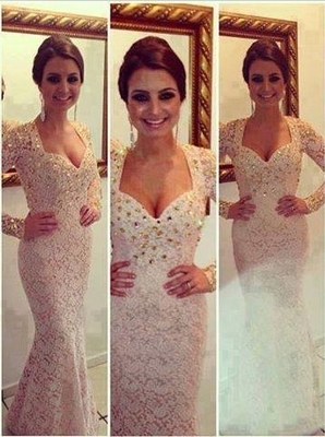 Sexy Prom Dresses Sweetheart
White Beading Crystals Lace
Mermaid Floor Length Long
Sleeves Evening Gowns