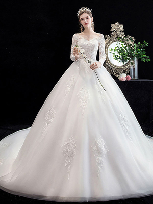 White Wedding Dress Ball Gown
Cathedral Train Jewel Neck 3/4
Length Sleeves Natural Waist
Applique Satin Fabric Bridal
Dresses