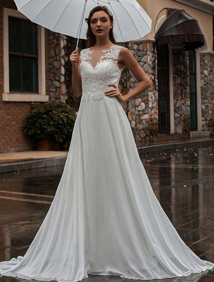 White Wedding Dress Illusion
Neckline Sleeveless Applique
Chiffon Floor Length Bridal
Gowns Train Dress