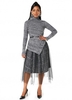 Belted Asymmetric Hem Sweater and Mesh Overlay Skirt