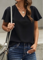 Black V Neck Short Sleeve Blouse