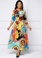 Button Long Sleeve Printed Maxi Dress