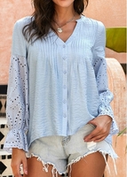 Button Up Crinkle Chest Flare Cuff Blouse
