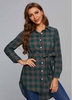Button Up Plaid Turndown Collar Belted Blouse